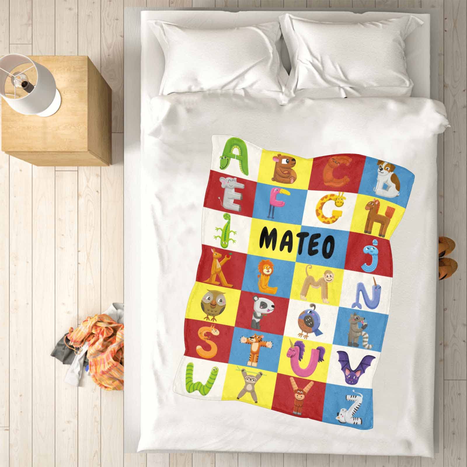 YESCUSTOM Personalized Baby Name Blanket - Custom ABC Animals Alphabet Fleece Blanket for Newborns, Girls & Boys | Super Soft Baby Gift for Showers, Nursery & Photo Props