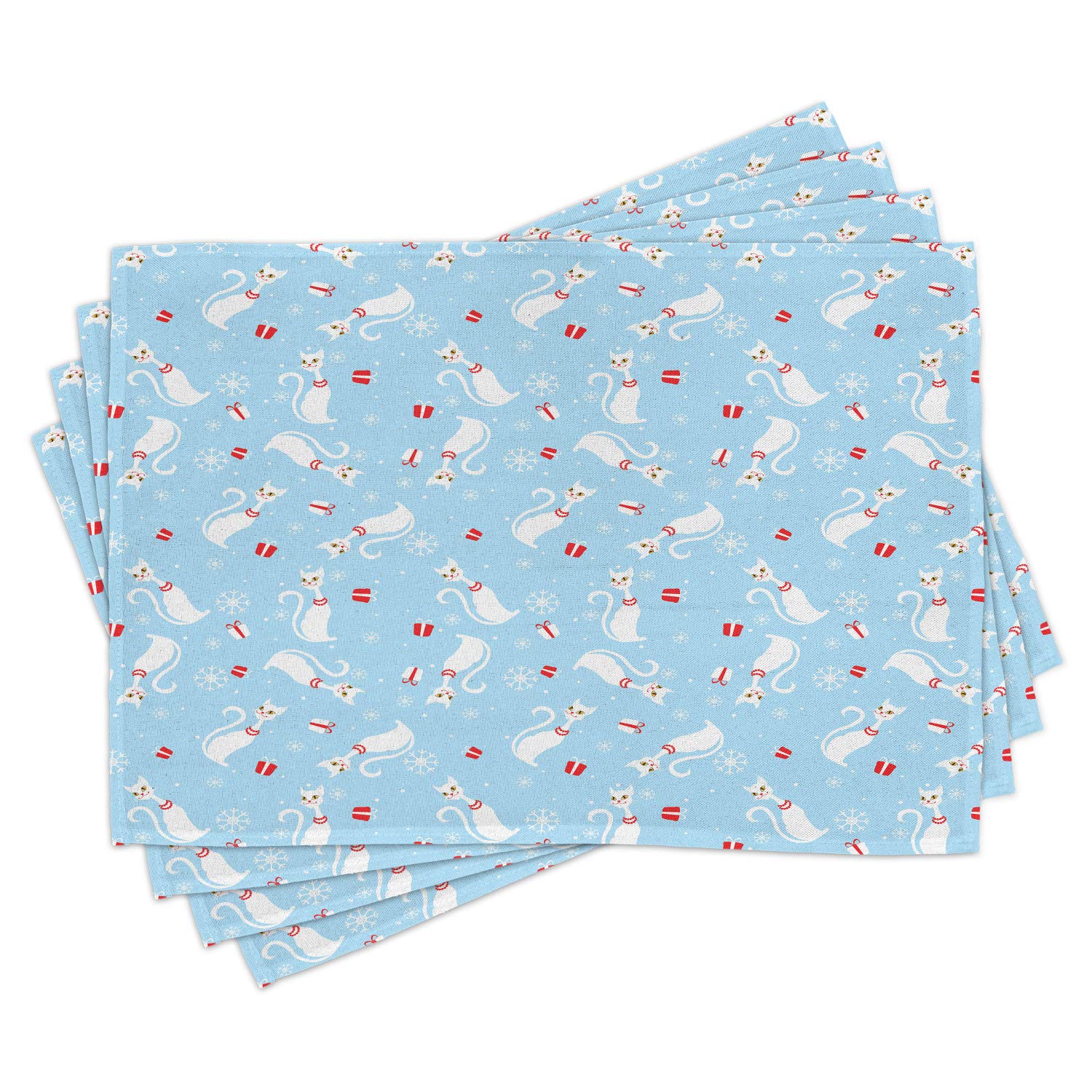 Ambesonne Christmas Placemats Set of 4 - Festive Cat Design with Necklaces & Swirled Tails - Washable Fabric Dining Table Mats - Standard Size (Pale Blue, Red, White) - Perfect for Holiday Dinner Parties & Winter Decor