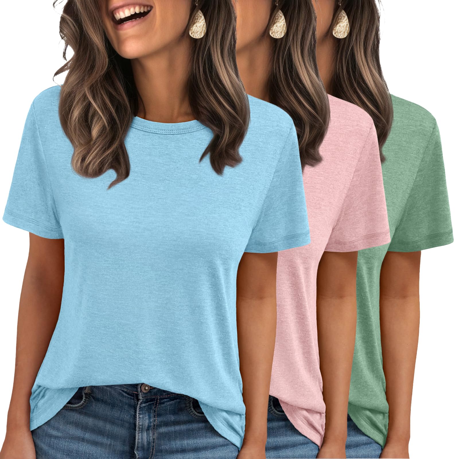 SUNBS Women's 3 Pack Short Sleeve T-Shirts - Summer Basic Tees for Casual Wear, Workout & Vacation Outfits | Soft Comfortable Cotton Blend Tops for Everyday Use, Gym & Travel 2025