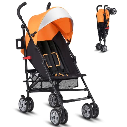 HONEY JOY Lightweight Compact Baby Stroller for Travel - Adjustable Canopy & Backrest, 5-Point Safety Harness, Foldable Umbrella Stroller with Cup Holder & Storage Basket for Toddlers (Orange) | Perfect for Airplane, Shopping, Park Outings & Daily Use