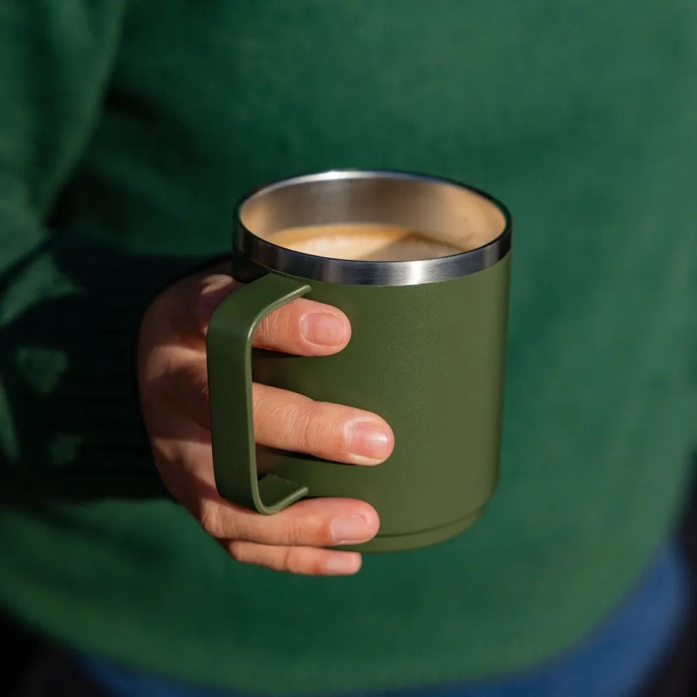 12oz Camping Mug with Pine Design - Insulated Stainless Steel Travel Coffee Cup for Outdoor Hiking, Camping & Picnics