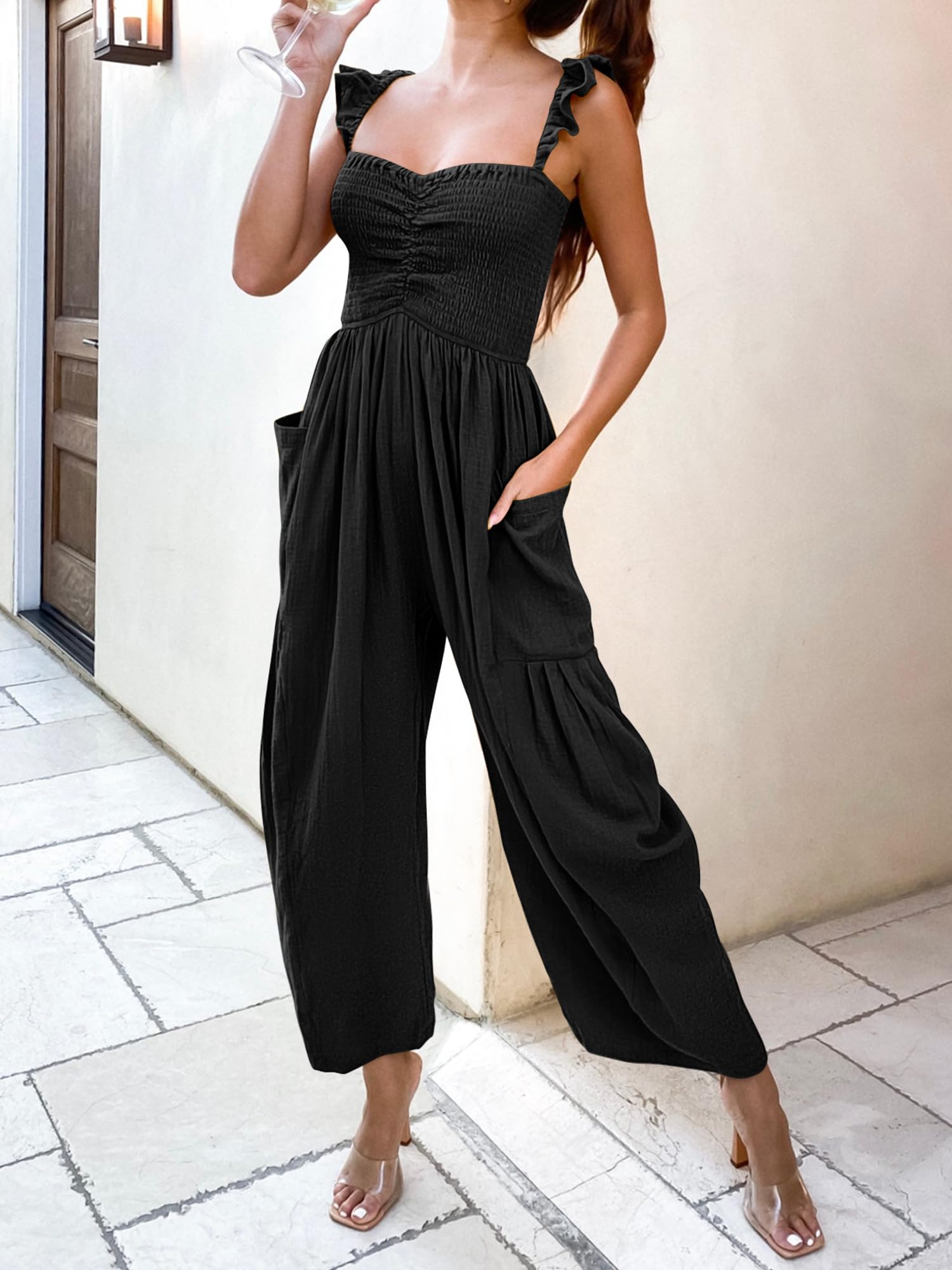 ANRABESS Women's Summer Linen Jumpsuit - Sleeveless Smocked Wide Leg Romper with Pockets | Trendy Casual Dressy Outfit for Travel, Beach, and Everyday Wear 2025
