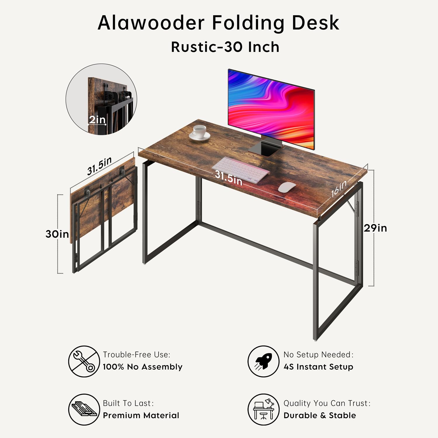 30 Inch Folding Desk - No Assembly Small Foldable Desk for Small Spaces | Space Saving Collapsible Compact Portable Table for Home Office, Dorm Room, RV | Perfect for Crafting, Writing, Studying & Remote Work