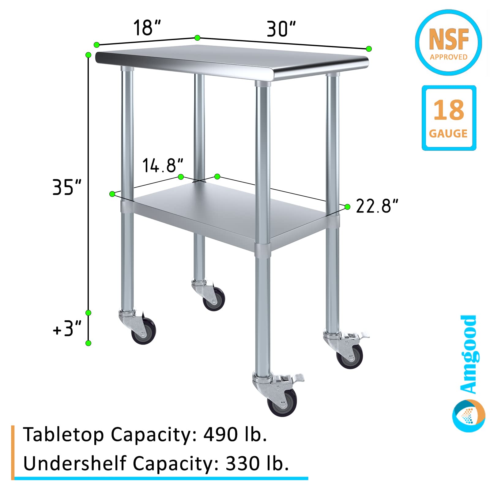 AmGood Stainless Steel Work Table with Wheels - 18