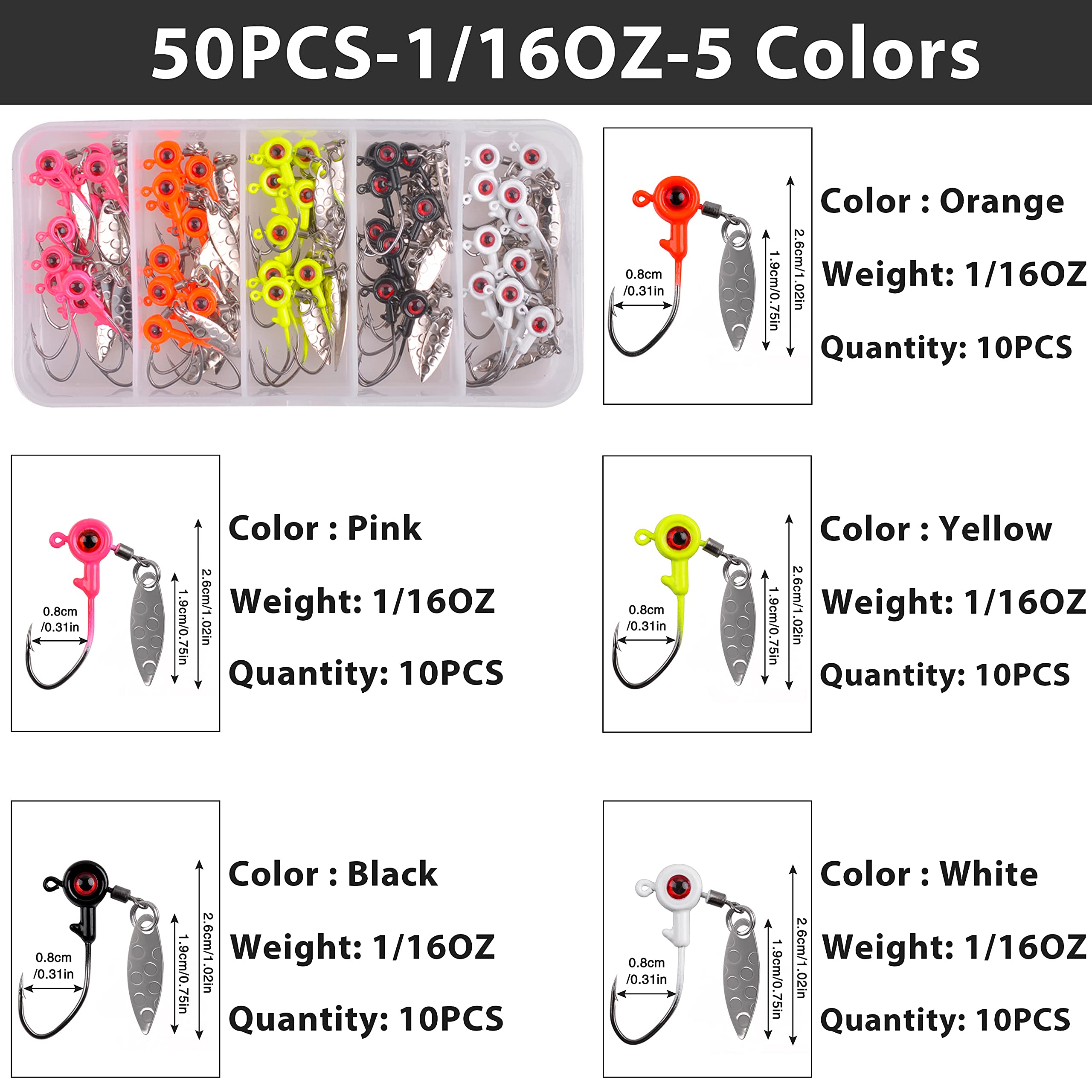 25-50PCS Fishing Jig Heads Kit with Plastic Box - 3/16 1/8 1/16 oz for Bass & Crappie - Perfect for Freshwater Fishing