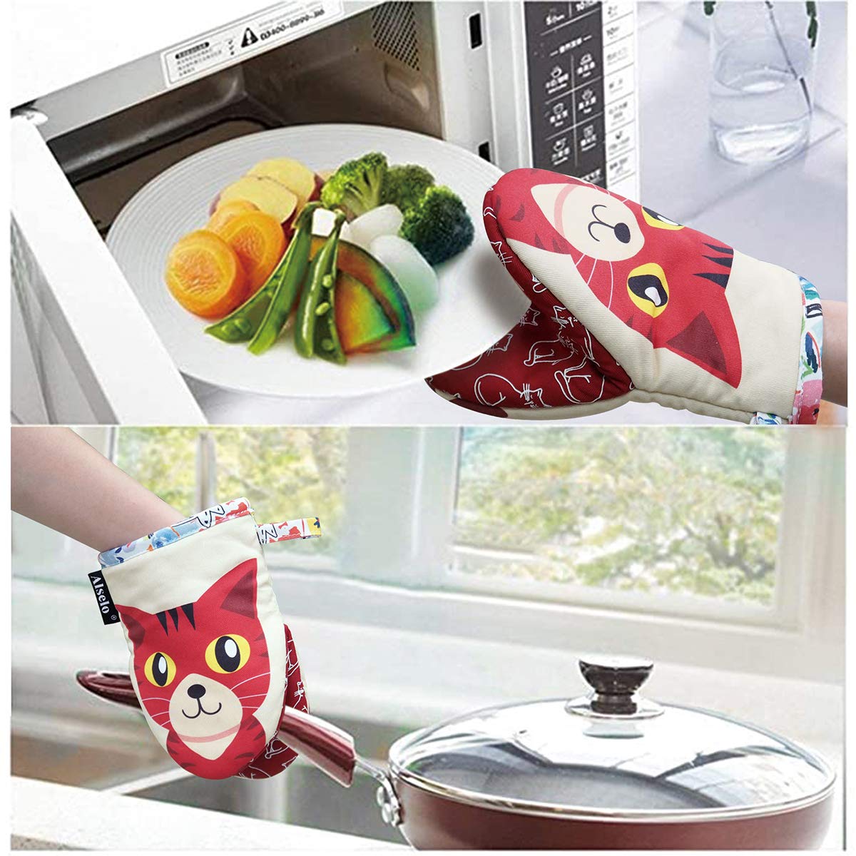 Heat Resistant Mini Oven Mitts Set of 2 - Non-Slip Silicone Kitchen Gloves with Soft Quilted Cotton Lining for Baking, Grilling & Cooking - Perfect for Home, BBQ & Kitchen Safety (Red)