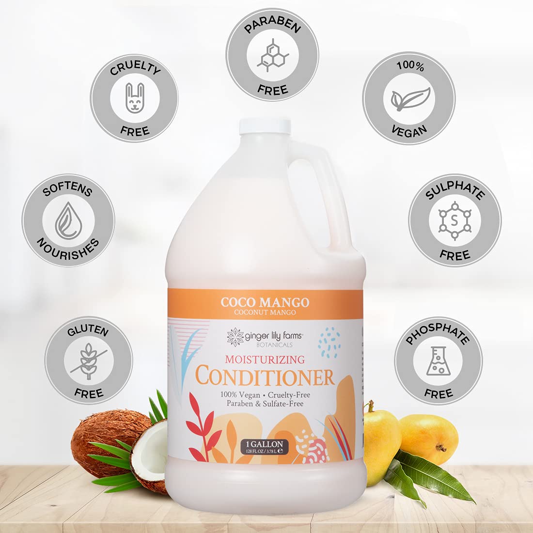 Ginger Lily Farms Botanicals Deep Moisturizing Conditioner for Dry Damaged Hair - Coconut Mango Scented 100% Vegan Cruelty-Free Hair Treatment - 1 Gallon Refill Pack of 4 - Perfect for Salons, Spas & Home Hair Care Routines