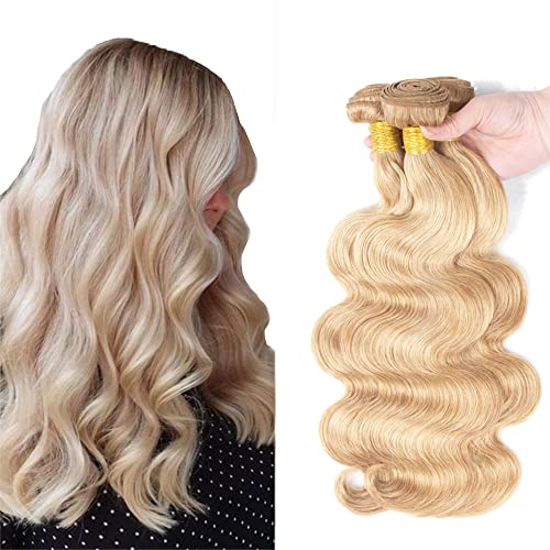 Honey Blonde Human Hair Extensions 8-12 Inch | Brazilian Virgin Remy Hair Bundles 27/613 | 2-Tone Body Wave Hair Extensions for Women | Perfect for Daily Wear, Parties & Special Occasions