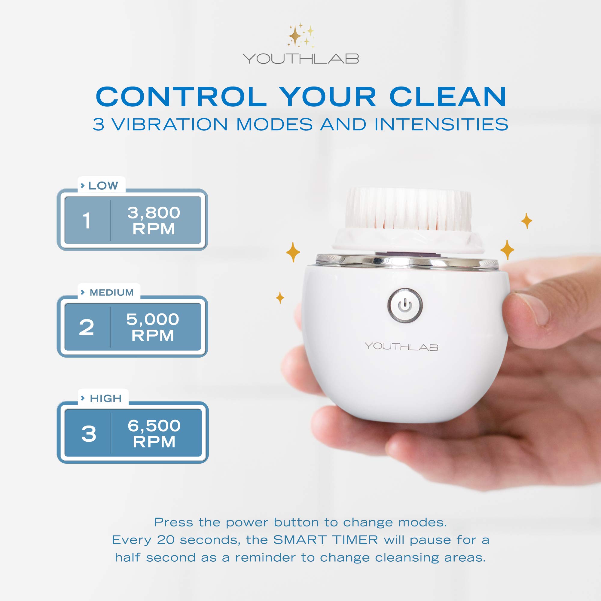 YouthLab Pure Radiance Electric Facial Cleansing Brush - 3 Speed Modes, 3 Interchangeable Brush Heads (2 Bristle & 1 Silicone), Waterproof & Rechargeable with Smart Timer - Deep Exfoliation & Massage for Glowing Skin (Silver) | Perfect for Daily Skincare Routine & Travel