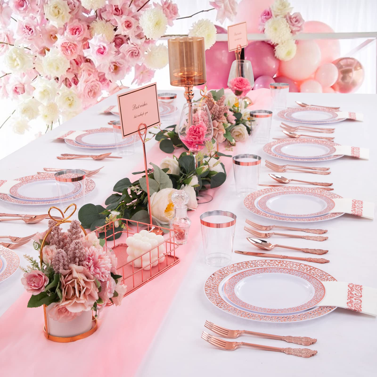 50-Piece Rose Gold Plastic Dinnerware Set for Parties - 100 Disposable Plates, 150 Silverware (50 Forks, 50 Knives, 50 Spoons), 50 Cups with Paper Straws & Napkins - Elegant Disposable Tableware for Weddings, Baby Showers & Events