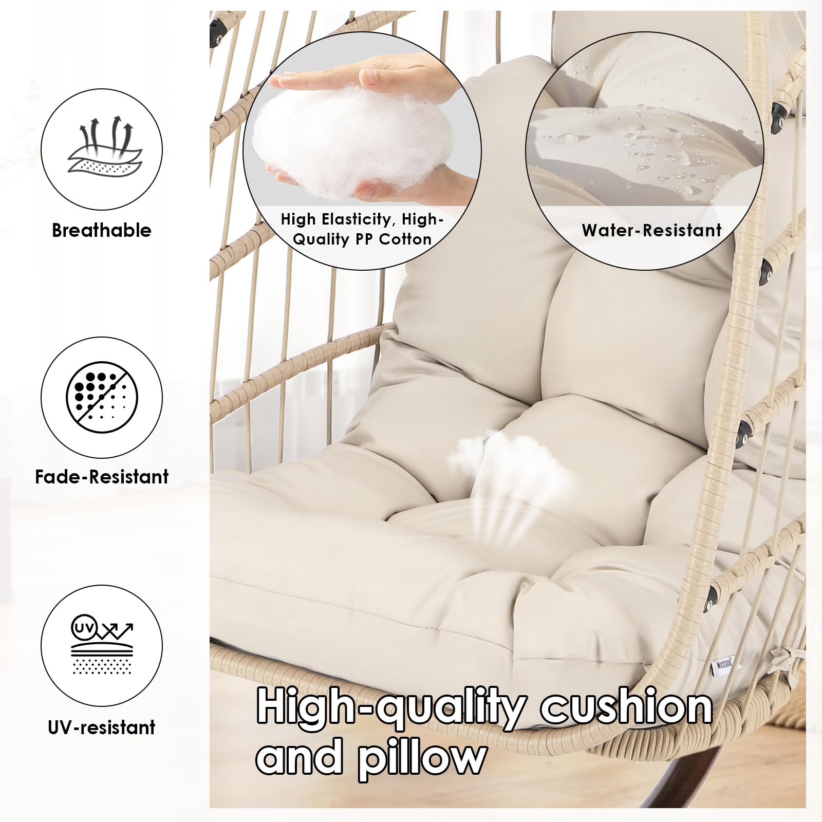 Premium Hanging Egg Chair with Stand - Outdoor Swinging Chair with Water-Resistant Cushions, PE Rattan Wicker Design, Foldable Basket for Patio, Garden, Bedroom & Indoor Use - 350lbs Weight Capacity (Beige) - Perfect for Relaxing, Reading & Lounging in Your Backyard, Balcony or Living Space