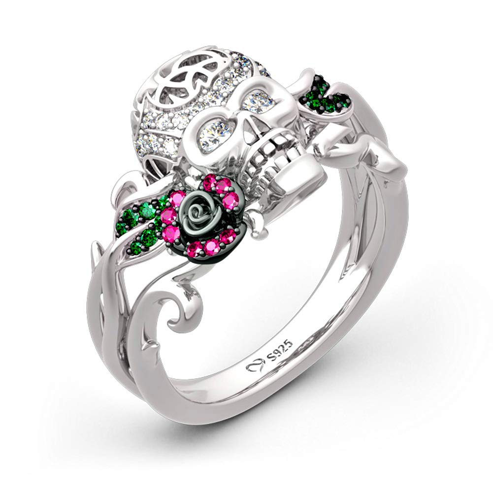 Jeulia Women's Sterling Silver 'Forever Love' Halloween Sugar Skull Ring with Ruby & Emerald Birthstones - Rose Flower Engagement, Wedding & Promise Ring for Her - Perfect for Dia de los Muertos, Gothic Fashion & Romantic Gift Giving