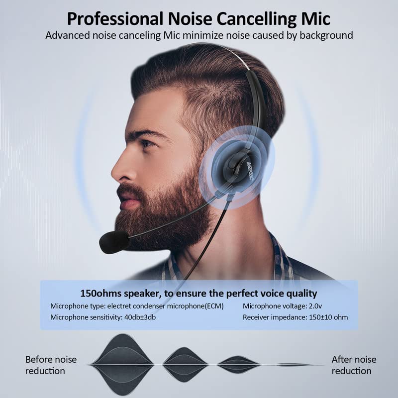 AGPTEK Noise Cancelling Binaural Headset with Mic - Hands-Free Call Center Headphones for Desk Phone, 4-Pin RJ9 Connector - Ideal for Telephone Counseling, Insurance Services & Hospital Use