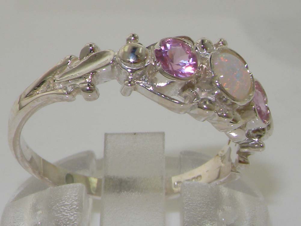 10k White Gold Genuine Opal & Pink Tourmaline Women's Band Ring - Elegant Stackable Ring for Everyday Wear, Anniversary Gift, Wedding Jewelry | LetsBuyGold