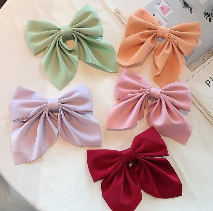 Xcilos Large Satin Hair Bows for Girls & Women - 3 Pack Silk-Style French Bow Hair Clips with Long Tail - Elegant Hair Barrettes & Ribbon Bows for Parties, Weddings & Daily Fashion Accessories (Random Colors)