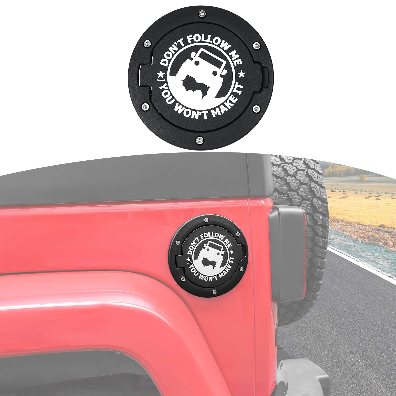 Jeep Wrangler JK JKU 2007-2017 Black Aluminum Alloy Gas Cap Cover | RT-TCZ Fuel Filler Door Replacement | Durable Off-Road Exterior Accessories with Logo | Perfect for Off-Roading & Adventure Trips