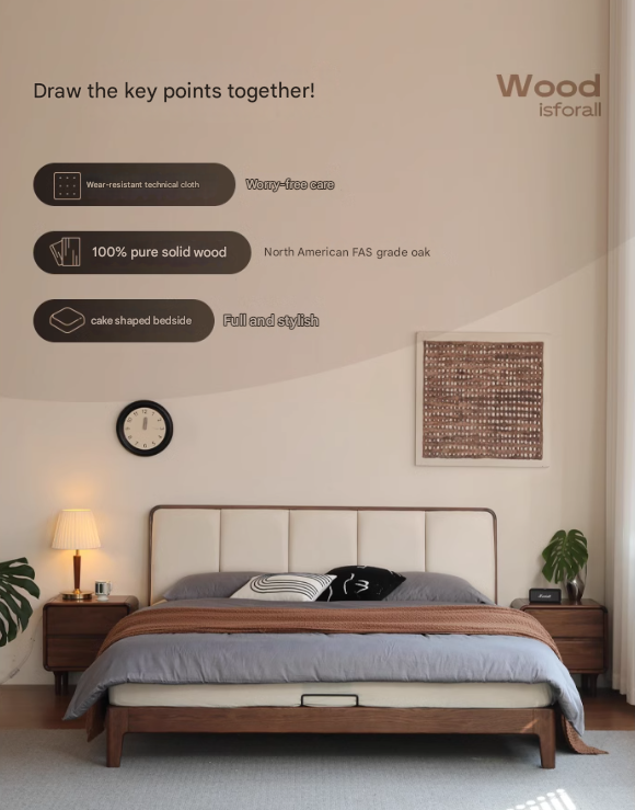 Solid Oak Wood Modern Platform Bed with Upholstered Headboard - Stylish and Durable Bedroom Furniture for Contemporary Homes