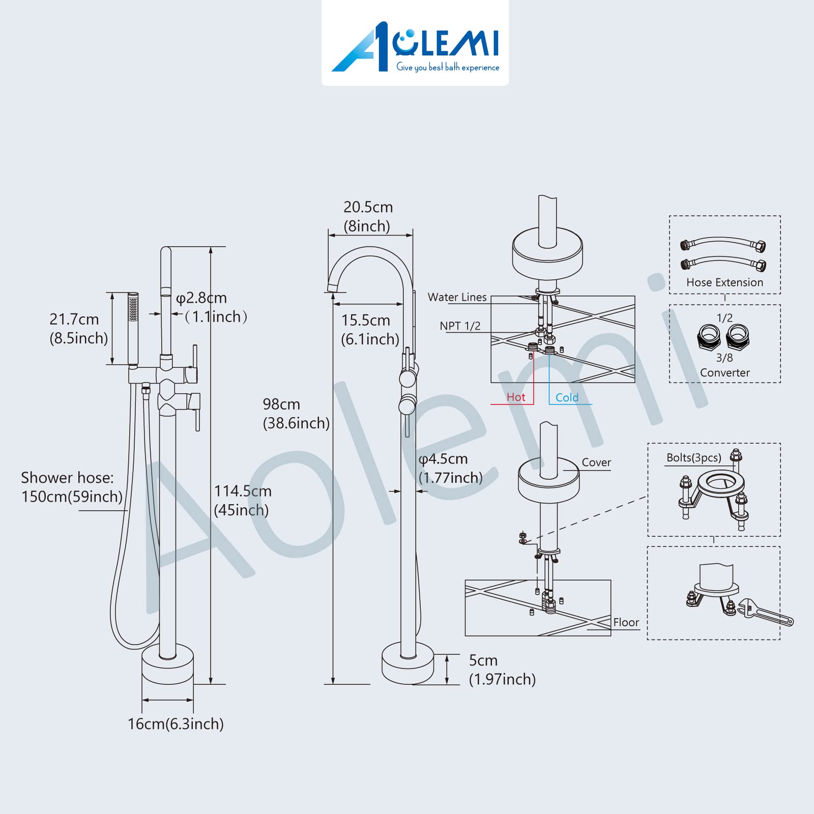 Aolemi Brushed Nickel Floor Mount Bathtub Faucet - 10