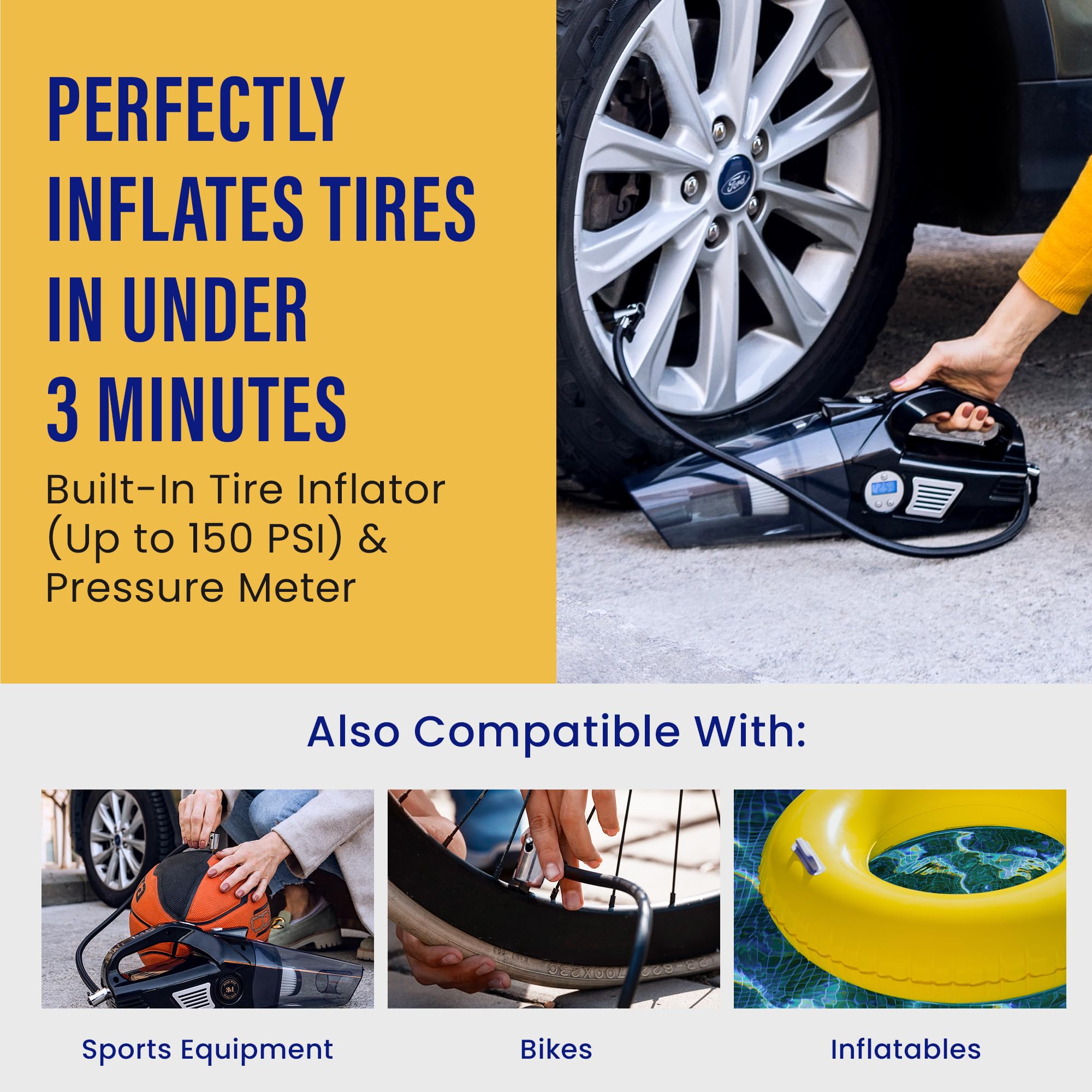 4-in-1 Cordless Car Vacuum Cleaner with Tire Inflator, Digital Pressure Gauge, LED Light & Cleaning Kit - Portable Handheld Vacuum for Car Interior, Home & Office Cleaning - Perfect for Pet Hair, Dust & Debris Removal