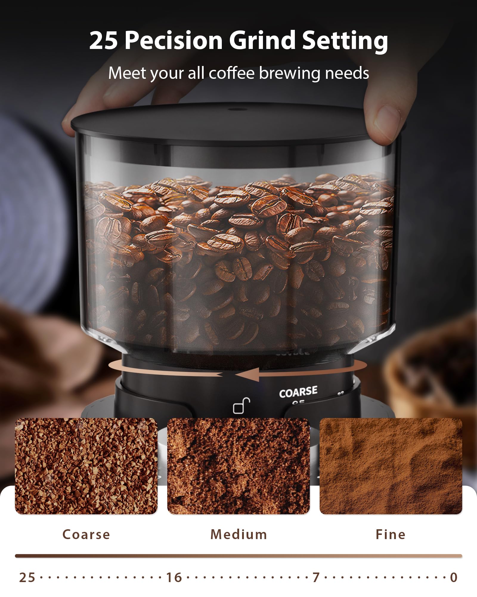 Premium Electric Conical Burr Coffee Grinder - 25 Precise Grind Settings, 2-12 Cup Timer, 3-Ear Portafilter Holder & Cleaning Brush - Perfect for Espresso, French Press & Drip Coffee at Home (Black)