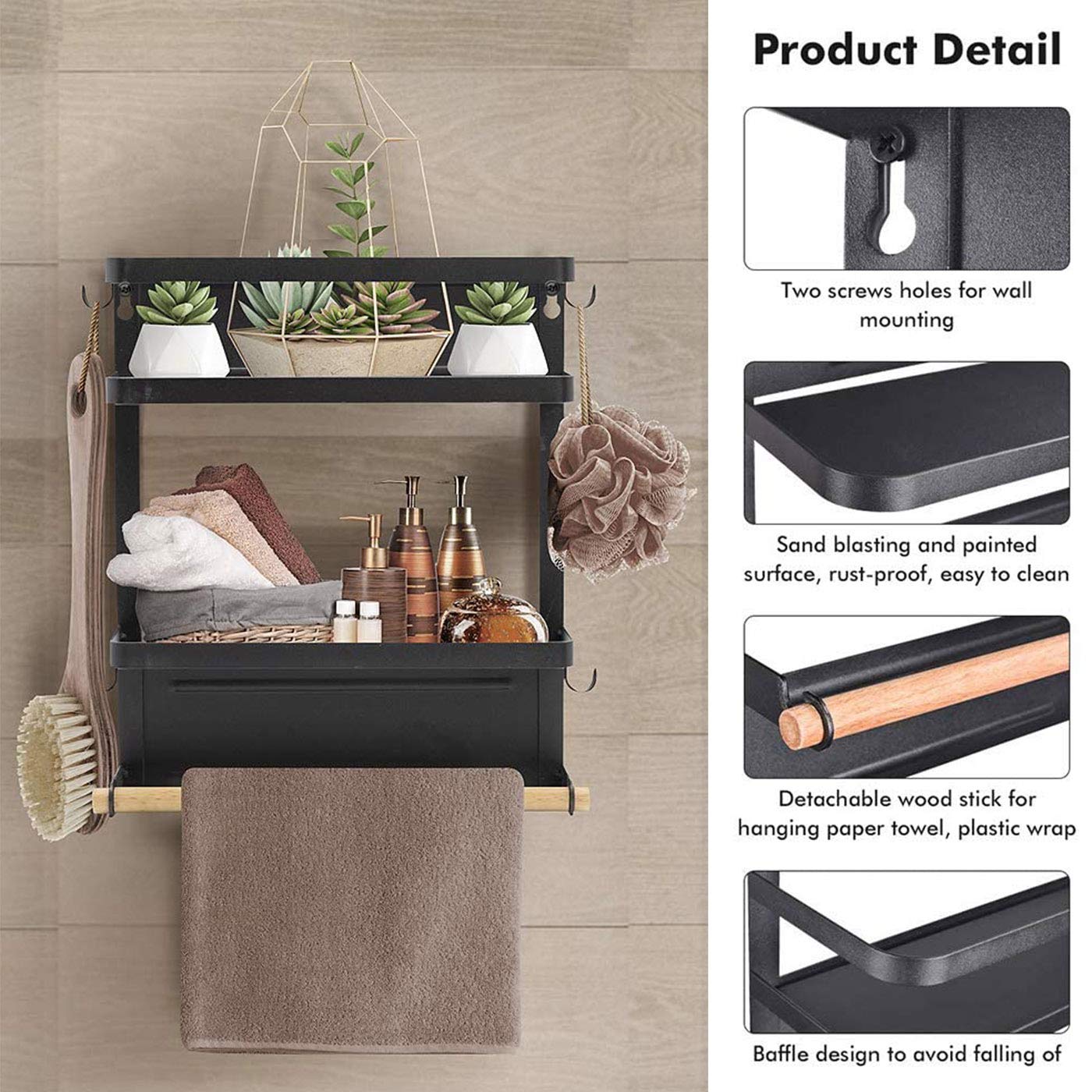Magnetic Spice Rack for Refrigerator - Strong Magnetic Paper Towel Holder & Fridge Organizer - Kitchen Storage Shelf for Spices, Condiments & Utensils - Space Saving Black Organizer (Perfect for Small Kitchens, Dorms & RVs)