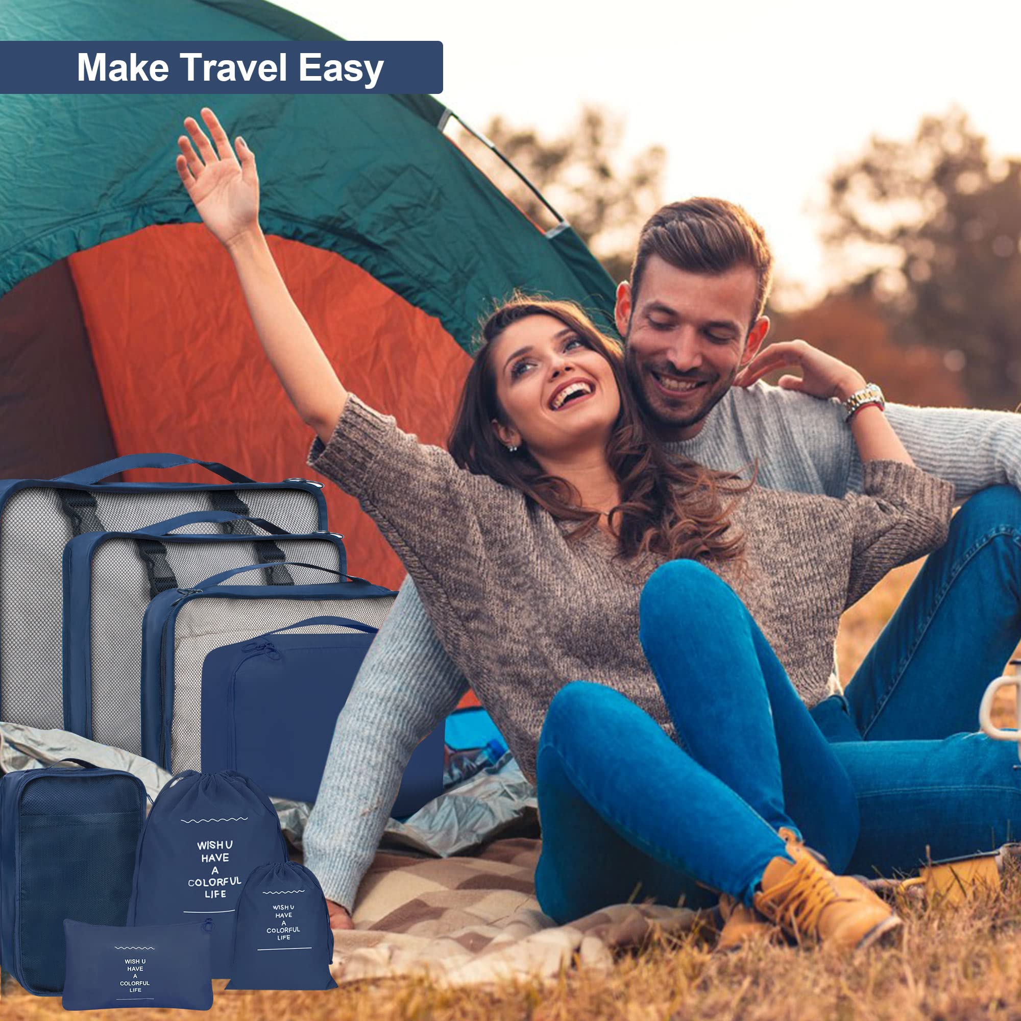 8-Piece Packing Cubes Set for Suitcases - Navy Blue Travel Luggage Organizer with Laundry Bag, Compression Storage & Shoe Bag - Perfect for Men & Women Travel Organization (Ideal for Business Trips, Vacations & Weekend Getaways)