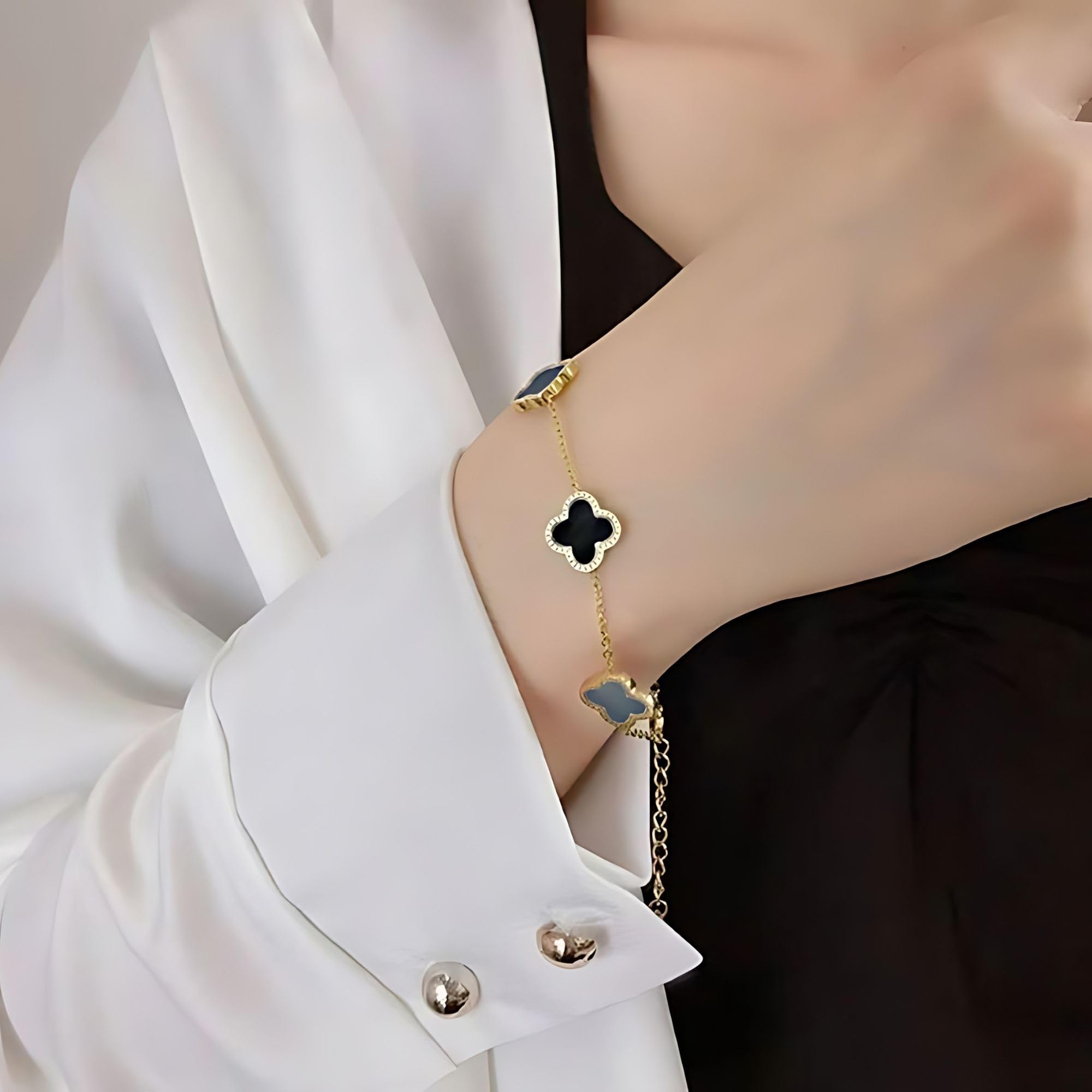 18K Gold Plated Four Leaf Clover Bracelet for Women - 925 Sterling Silver Lucky Charm Link Bracelet - Trendy Jewelry Gift for Teen Girls & Women - Perfect for Everyday Wear, Parties & Special Occasions