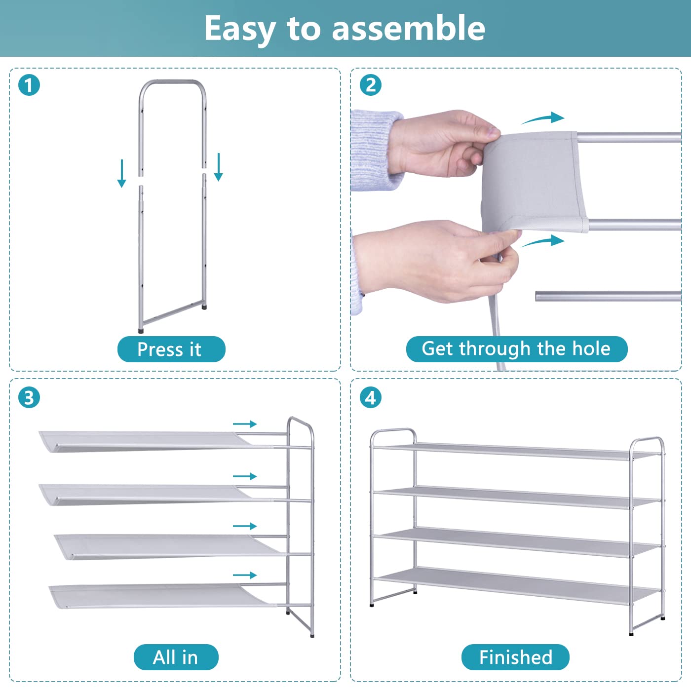AOODA 4-Tier Stackable Shoe Rack Organizer - Holds 30 Pairs of Shoes, Sneakers, Boots & Heels - Space Saving Closet & Bedroom Storage Shelf (Grey) - Perfect for Small Spaces, Entryways & Dorm Rooms