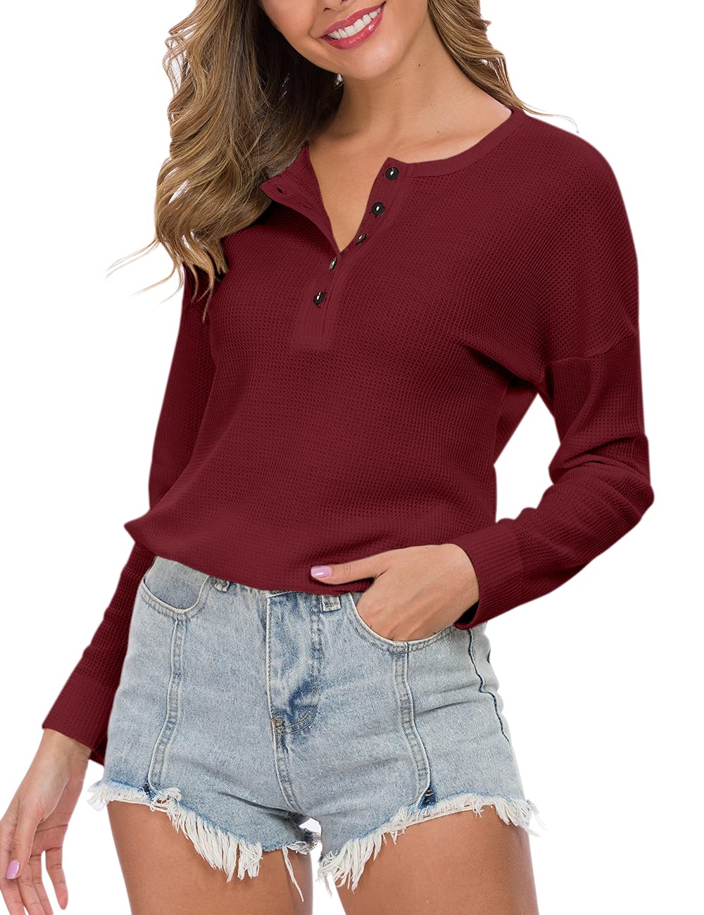 WNEEDU Women's Waffle Knit Tunic Top - Loose Fit Long Sleeve Button Up V-Neck Henley Shirt for Casual Wear & Layering | Perfect for Fall & Winter Outfits