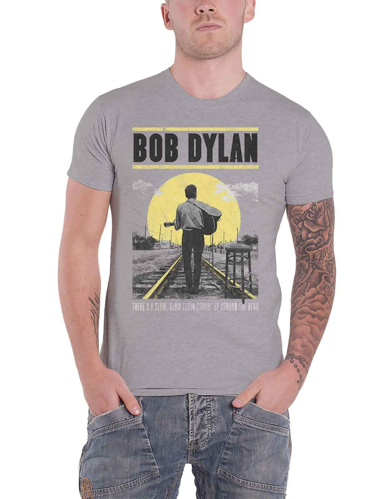 Official Bob Dylan Slow Train Coming Up Men's T-Shirt - Grey Size L - Vintage Rock Band Tee for Concerts & Casual Wear