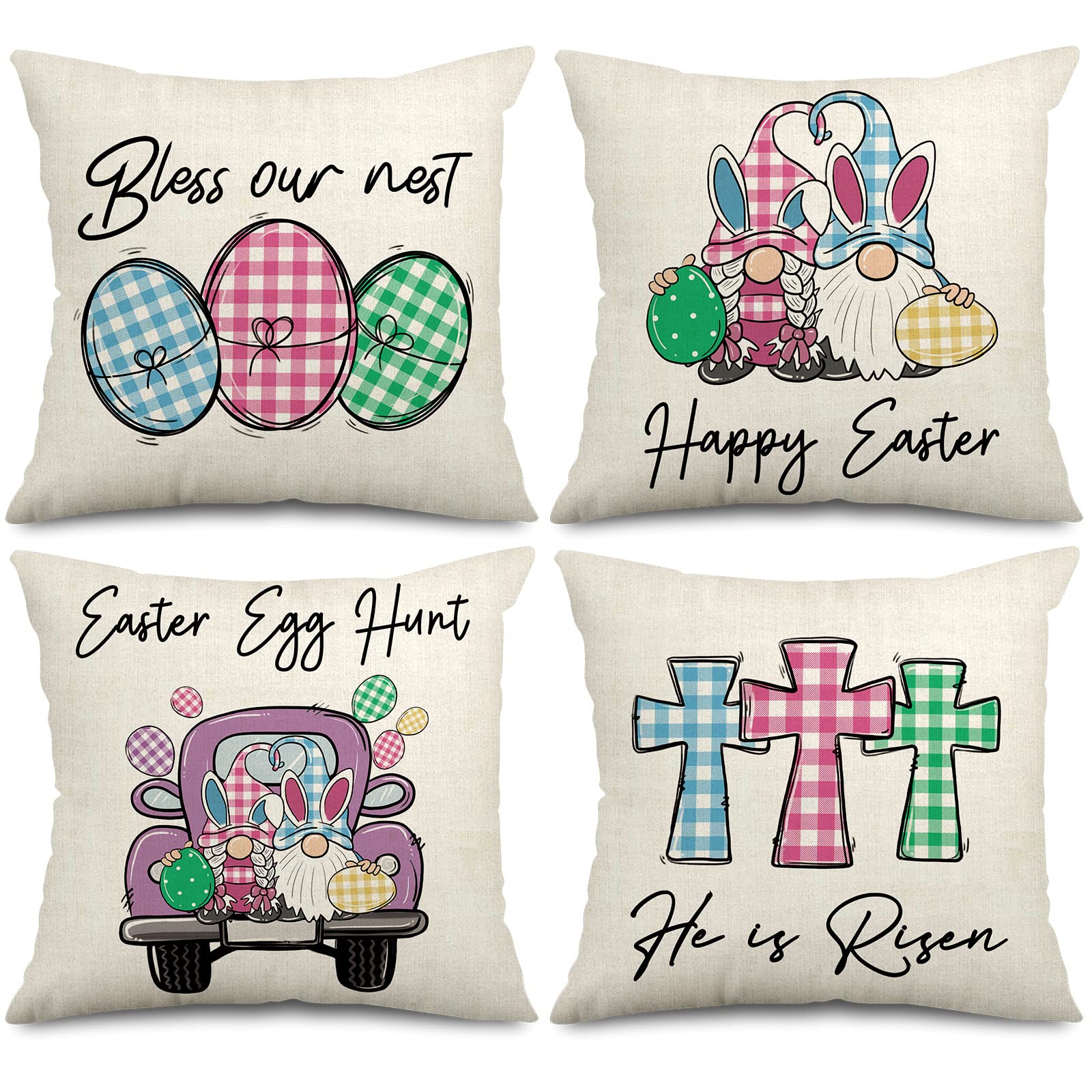 AnyDesign Easter Pillow Covers 18x18 Inch - Set of 4 Plaid Gnome Egg Truck Throw Pillow Cases - Farmhouse Decor for Sofa, Home Office, Easter Party & Spring Home Decoration