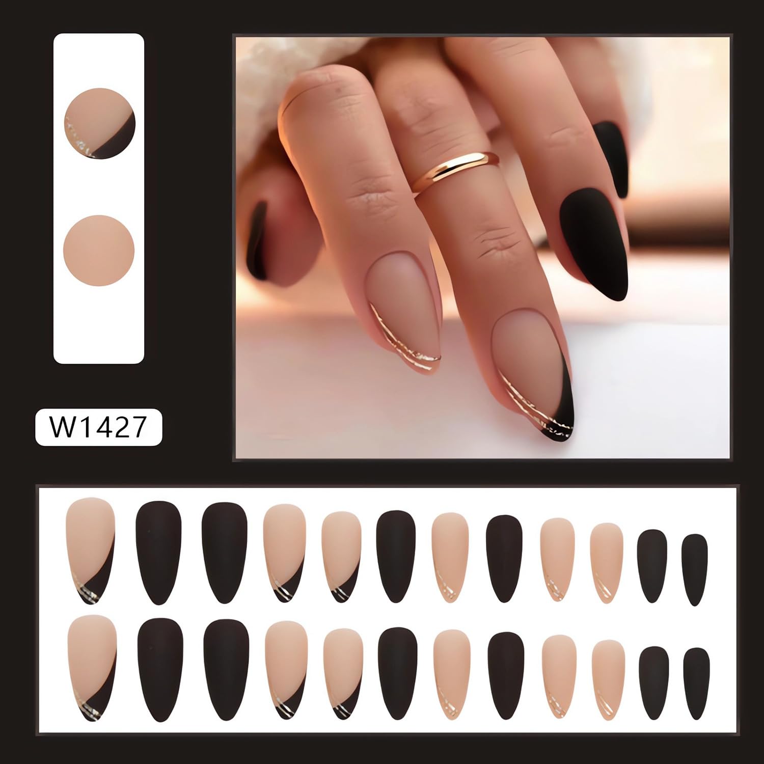 LPOODDNU 24Pcs Fall Press on Nails - Medium Almond Shape Fake Nails with Black Nude French Manicure | Winter Glue on Nails for Women | Perfect for Parties, Weddings & Daily Wear