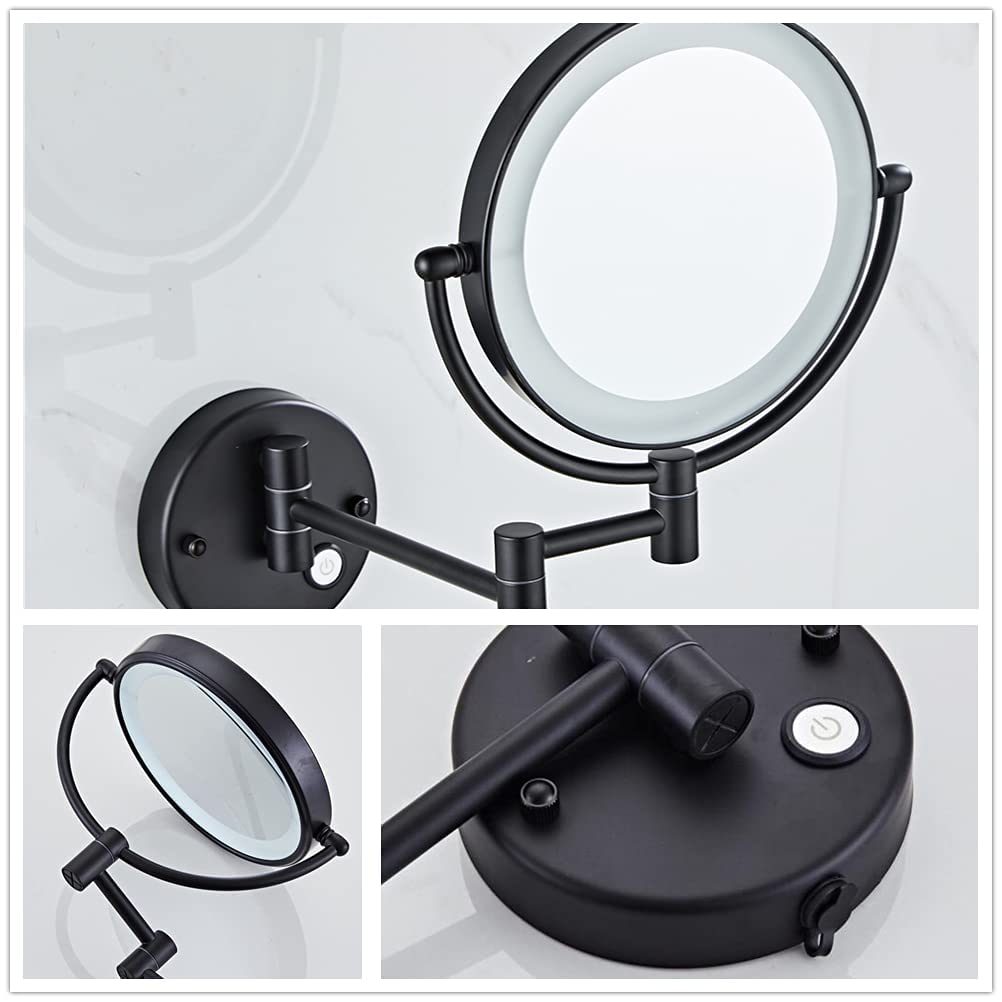 10X Magnifying Wall Mounted Makeup Mirror with LED Lights - 8 Inch Double Sided Vanity Mirror, USB Rechargeable, Touch Control, Matte Black - Perfect for Bathroom, Dressing Room & Bedroom Makeup Application