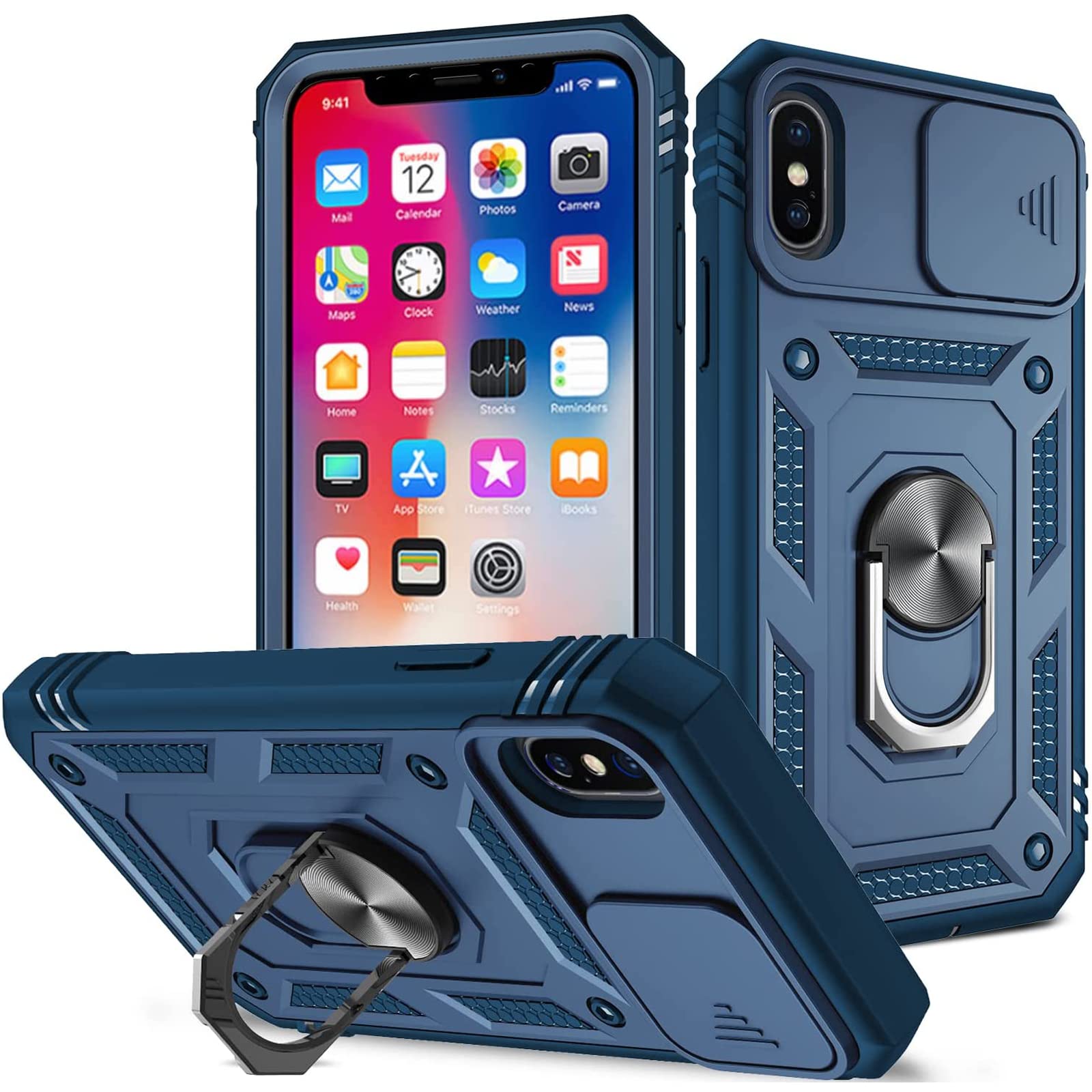 Magnetic Phone Case for iPhone Xs Max with Slide Camera Cover, 360° Rotating Ring Stand & Kickstand - Shockproof Protective Cover (Blue) | Perfect for Work, Travel & Hands-Free Viewing