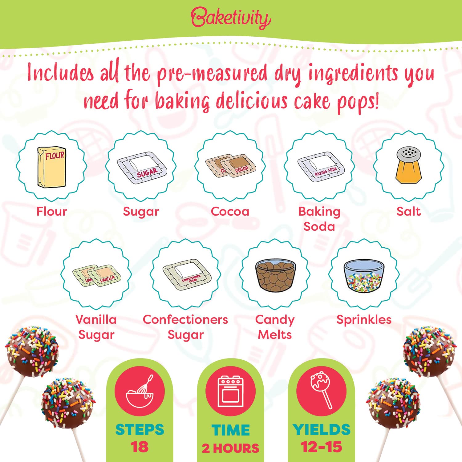 Baketivity Cake Pop Kit - No Mold or Maker Needed, Includes Cake Pop Stand & Baking Tools | Fun Arts & Crafts Baking Set for Kids | Kosher Certified | Perfect for Birthday Parties, School Events & Family Baking Activities
