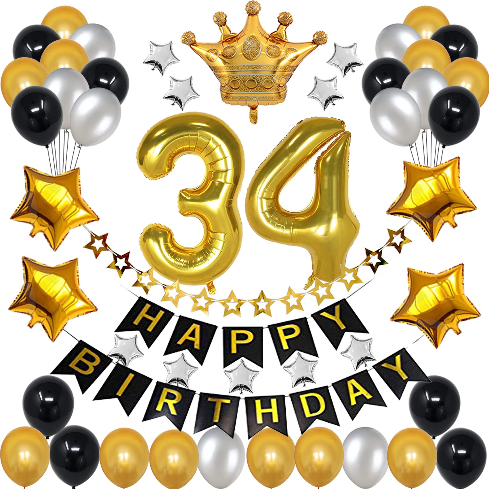 Black and Gold 34th Birthday Decorations Set - 34 Number Balloon, Happy Birthday Banner & Party Supplies for Men & Women | Perfect for 34 Year Old Birthday Parties, Milestone Celebrations & Adult Birthday Decor