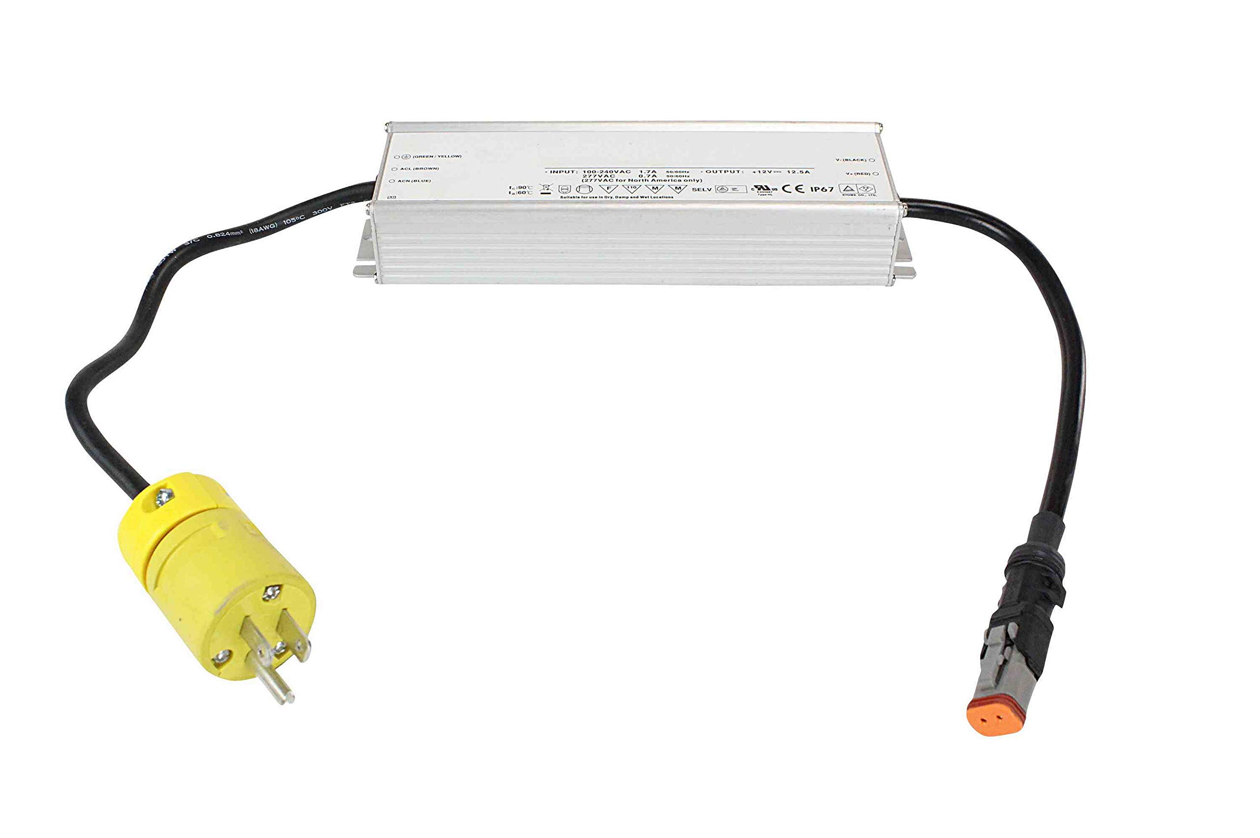 Waterproof 100V-277V AC to 12V DC Transformer - 11A Max Output, IP67 Rated with Straight Blade Wall Plug & 2-Prong Deutsch Connector - Compatible with Golight Series Spotlights for Marine, RV & Off-Road Lighting Applications