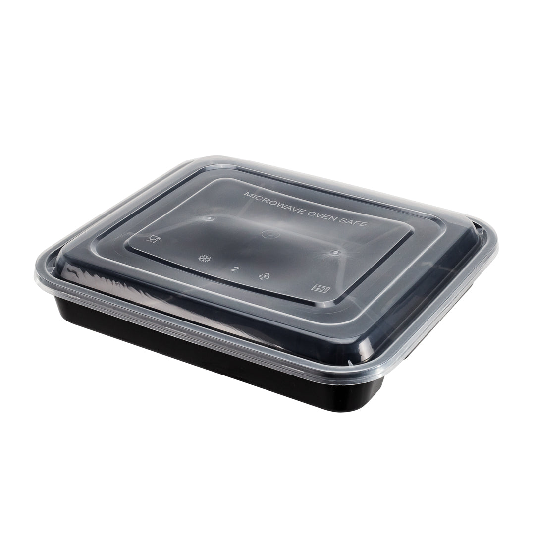 34 oz Black Plastic 4-Compartment Meal Prep Containers with Clear Lids - Microwave Safe (8.75