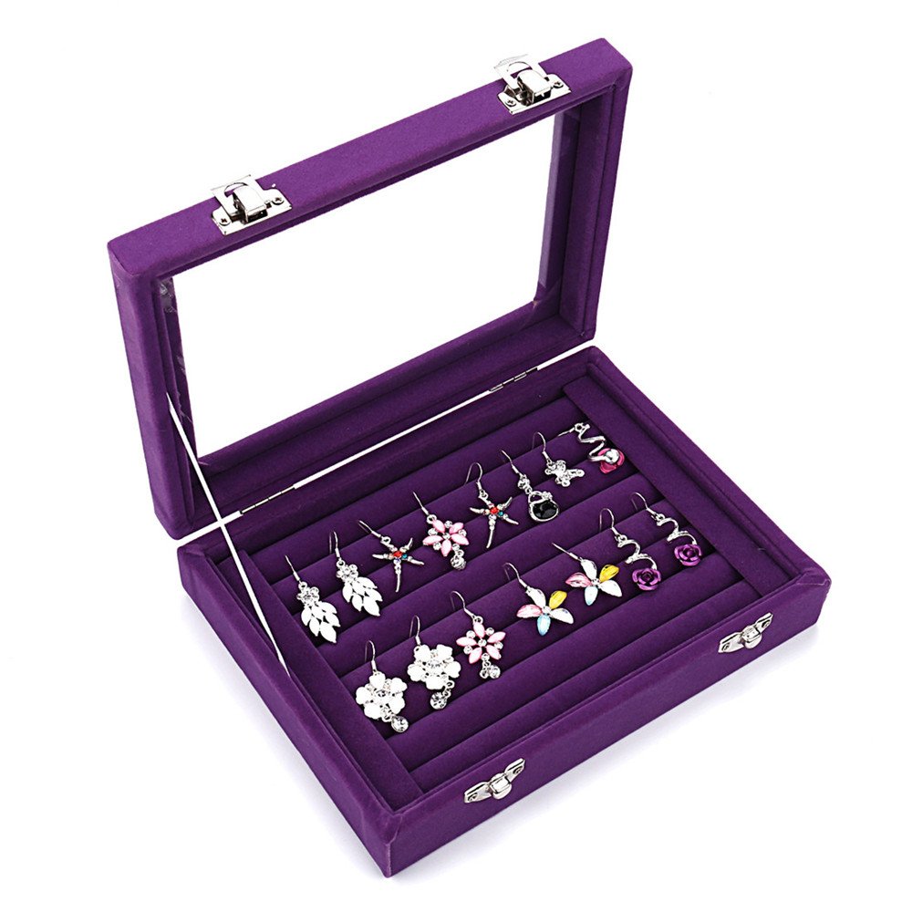 Velvet Jewelry Box with Glass Top - Ring Earrings Display & Storage Case with 2 Clasps - Perfect for Jewelry Organizer, Gift Box & Travel Accessories