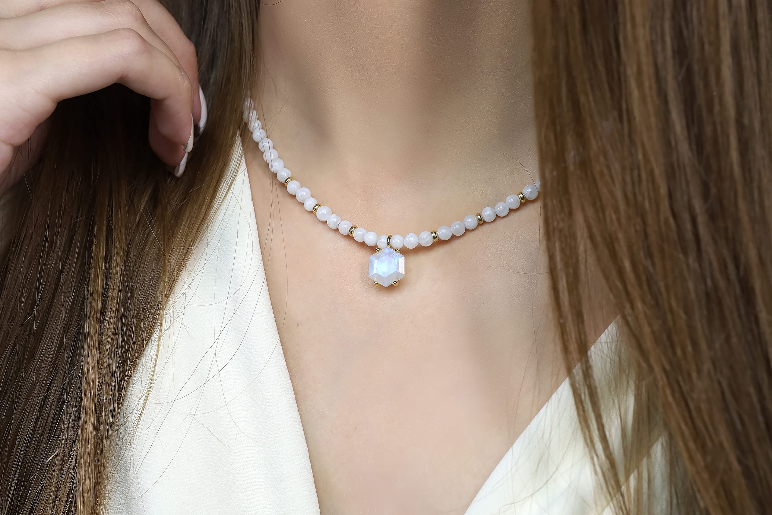 Rainbow Moonstone Hexagon Pendant Beaded Necklace - June Birthstone Jewelry for Women - Handmade Gemstone Necklace for Everyday Wear, Gift Giving & Spiritual Healing