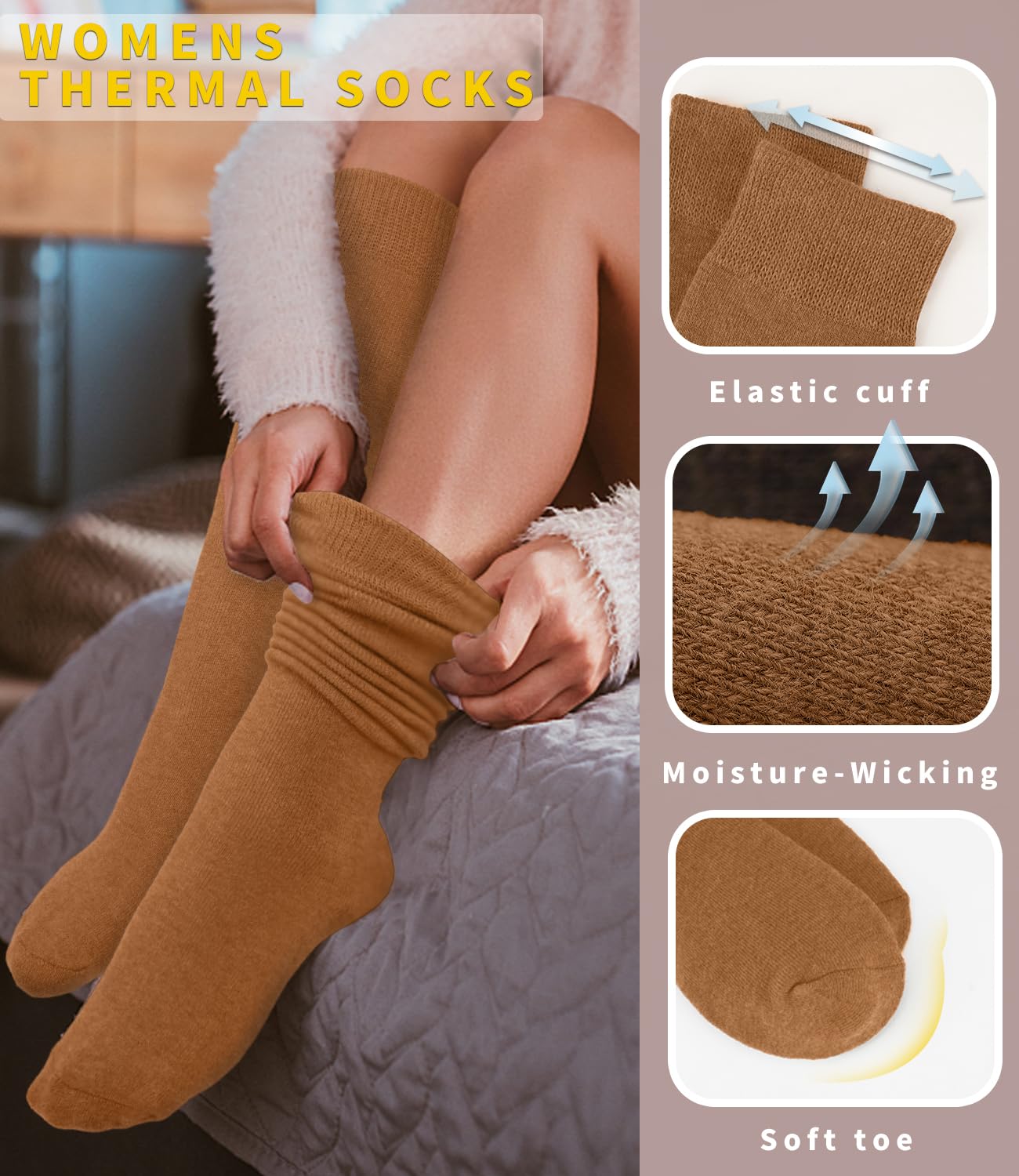 Aoliks Women's Knee High Thermal Socks - Cotton Warm Winter Socks for Hiking, Skiing, Snowboarding - Perfect Cold Weather Gift for Her | Indoor & Outdoor Activities