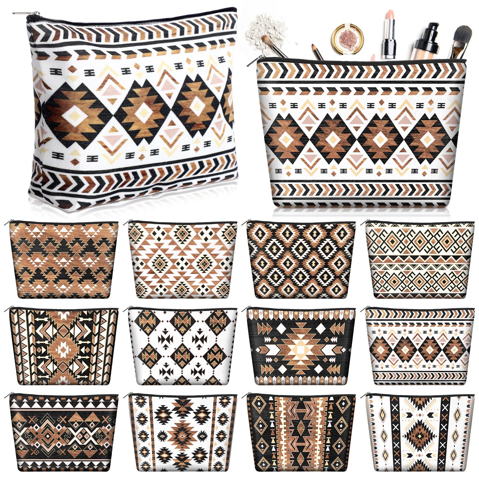 12 Pcs Aztec Cosmetic Bags Set - Cowgirl Makeup Organizer for Women | Travel Toiletry Case & Jewelry Storage | Western Style Gift for Her | Perfect for Vacation, Bachelorette Parties & Daily Use