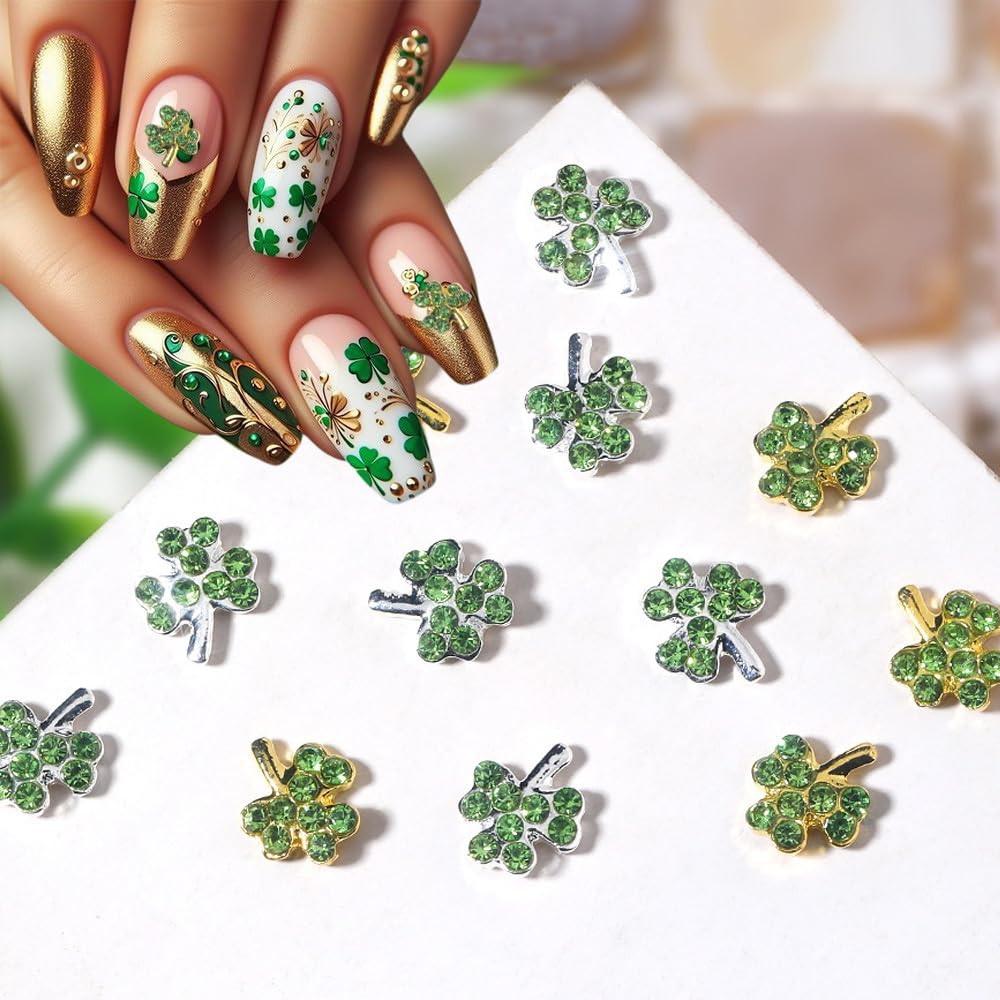 20Pcs St. Patrick's Day 3D Alloy Nail Charms - Green Shamrock Rhinestones, Gold Silver Glitter Nail Art Decorations for Women | Irish Nail Gems for Acrylic Manicure, Salon & DIY Nail Art | Perfect for St. Patrick's Parties, Nail Art Competitions & Festive Celebrations