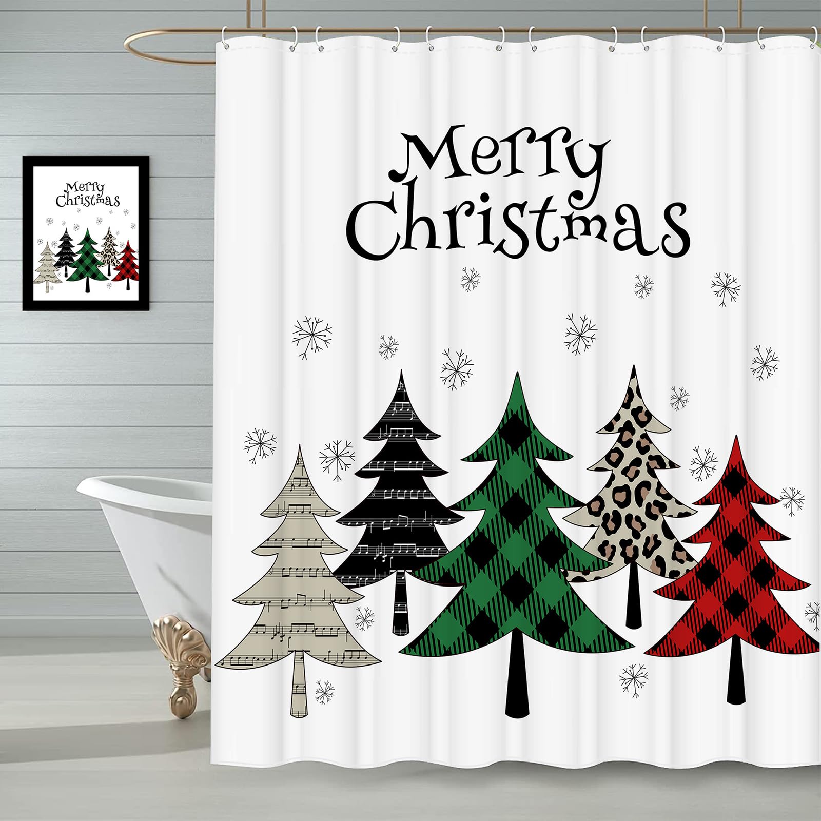 Christmas Tree Shower Curtain - Buffalo Plaid Xmas Holiday Bathroom Decor with Snowflake Design, Waterproof Polyester Fabric, 72x72 Inches, Includes 12 Plastic Hooks - Perfect for Farmhouse, Winter & Christmas Bathroom Decorations
