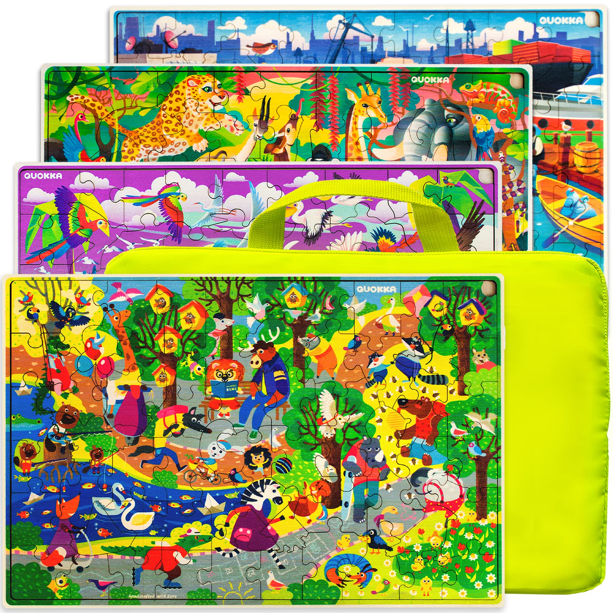 QUOKKA Wooden Puzzles for Kids Ages 3-8 - 4 Pack 60-Piece Toddler Learning Toys with Cars, Ships & Animals - Educational Wooden Games for Boys & Girls - Perfect for Preschool Learning, Birthday Gifts & Family Game Night