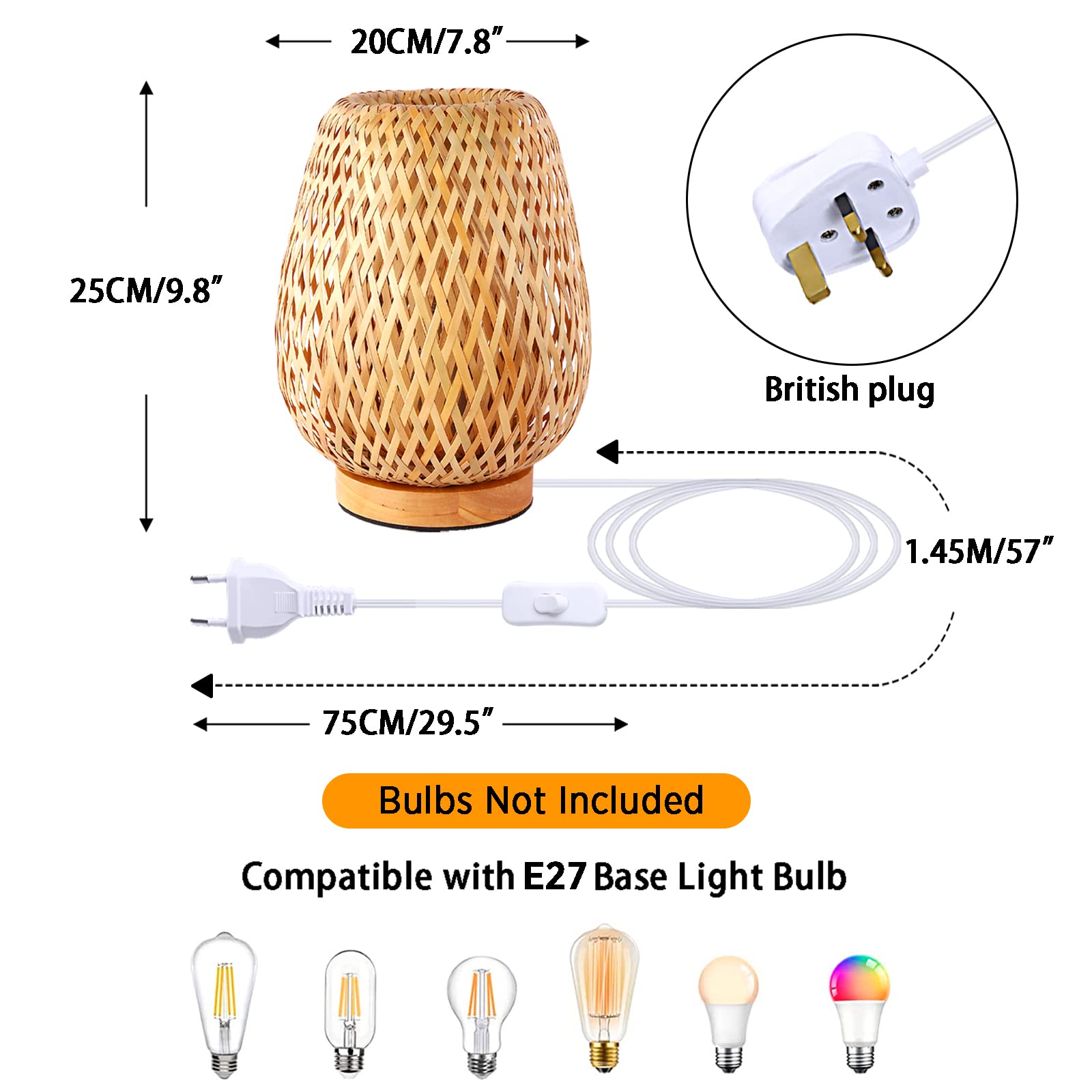 Schindora Handmade Boho Bamboo Small Table Lamp - Wicker Woven Natural Desk Light for Bedroom, Living Room & Office - Nightstand Reading Lamp with Warm White Bulb - Perfect for Cozy Home Decor, Meditation Spaces & Gift Giving
