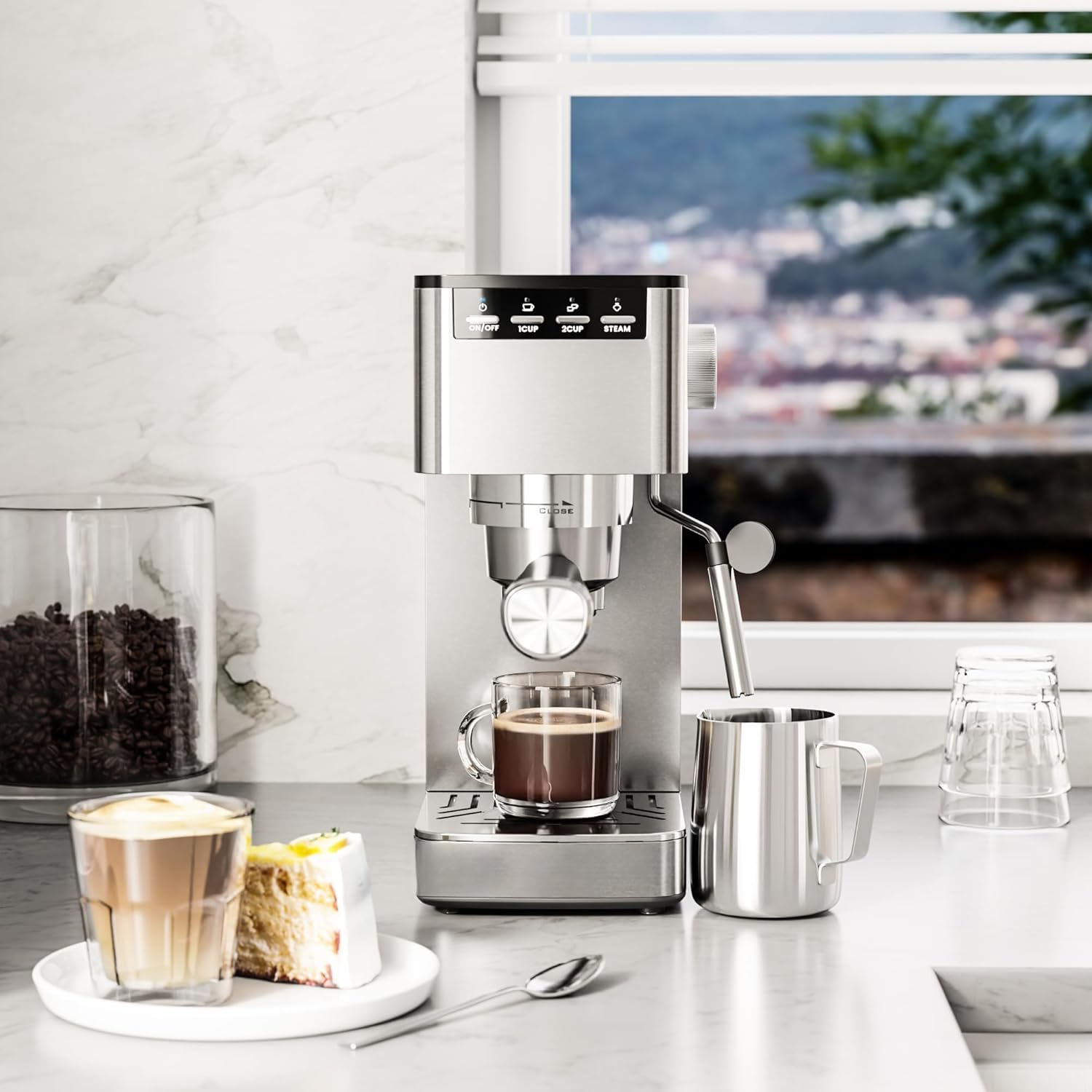 Kismile 20 Bar Espresso Machine with Milk Frother Steam Wand - Compact Cappuccino & Latte Maker for Home, 40oz Removable Water Tank, Stainless Steel - Perfect for Coffee Lovers & Small Kitchens