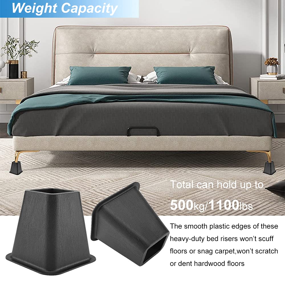 Tcatec 6 Inch Heavy Duty Square Bed Risers - Sturdy Furniture Lifts for Chairs, Couches, Beds & Tables - 4 Pack Black - Perfect for Dorm Rooms, Home Decor & Space Saving Storage