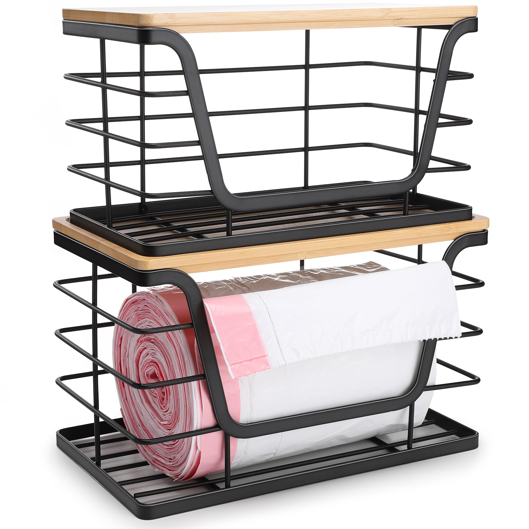 2 Pack Stackable Bamboo Top Storage Organizers for Kitchen & Laundry - Wall Mount Trash Bag Holder & Garbage Bag Dispenser - Perfect for Pantry, Bathroom, Garage Organization & Waste Management