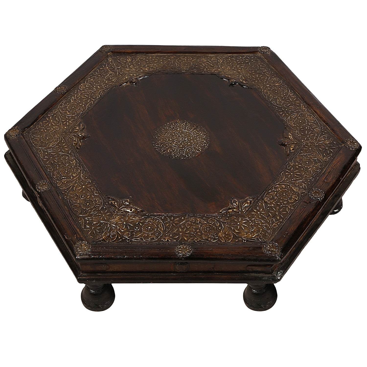 Vintage Hexagonal Brass Work Table with Embossed Design - Antique Style Home Office Desk for Study, Crafting & Writing | Heavy Duty Metal Furniture for Living Room, Library & Workspace